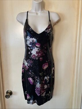 BCX Black Floral Sequin Slip Dress with Purple Accents size S